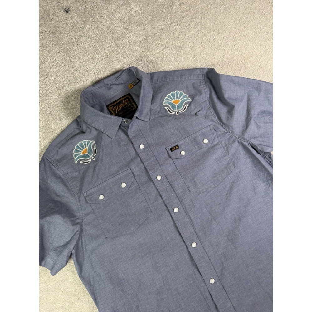 HOWLER BROTHERS Men's M Crosscut Deluxe Snapshirt INDIGO Gaucho FLORAL Chambray
